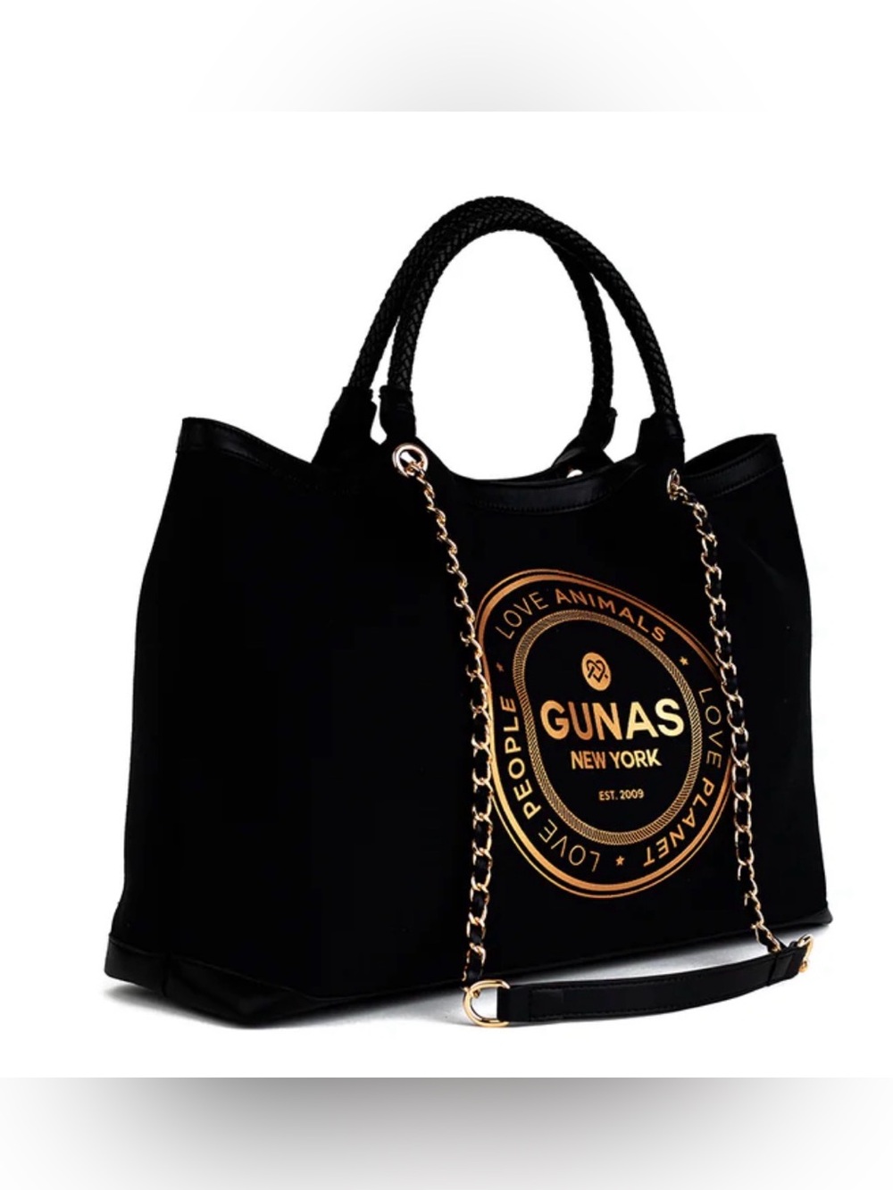 NWOT Gunas New York “Ruth” Double Handle Black Vegan Canvas Tote - Picture 2 of 9